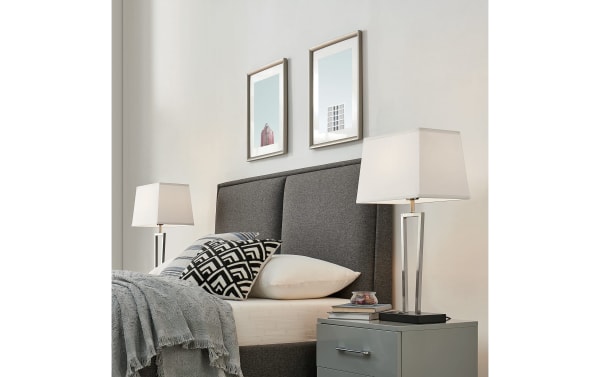 Contemporary Stella brushed nickel table lamps set of 2 with geometric metal bases, white rectangular fabric shades, and USB charging ports.