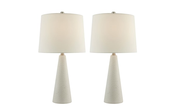 Set of 2 Karter white table lamps with angled ceramic bases and white linen fabric shades, contemporary style for bedside or living room.