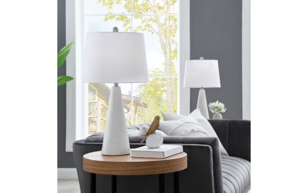 Set of 2 Karter White Table Lamps with angled white ceramic bases and white linen fabric shades, contemporary style for bedside or living room.