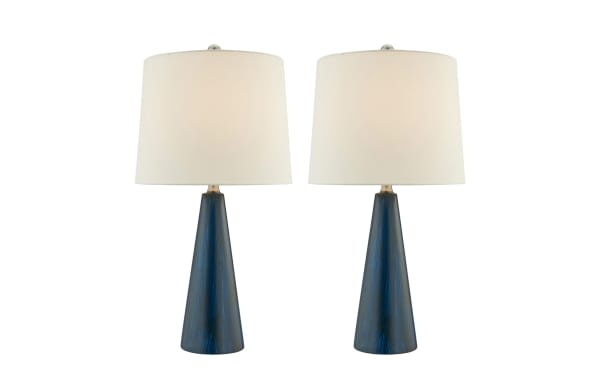 Set of 2 Karter Blue Table Lamps with white fabric shades and blue ceramic bases, featuring a hand-crafted water-flow design for contemporary decor.
