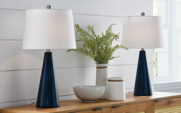 Set of 2 Karter Blue Table Lamps with white fabric shades and hand-crafted blue ceramic bases, perfect for contemporary or coastal decor.