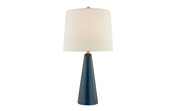 Contemporary Karter Blue Table Lamp with white fabric shade and hand-crafted blue ceramic base, ideal for modern or coastal decor.
