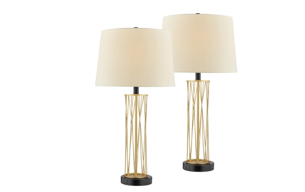 Set of 2 Dallas Gold Table Lamps with white fabric shades, gold metal openwork bases, black round USB-equipped bases, contemporary style.