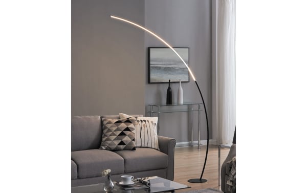 Contemporary Ronan 80'' Black LED Floor Lamp with sleek curved metal frame and integrated LED light, perfect for modern living rooms.