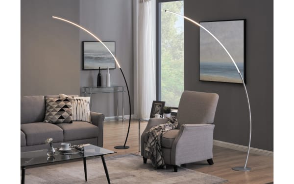 Contemporary Ronan 80'' Black LED Floor Lamp with sleek curved metal design, soft white light, ideal for modern living rooms and stylish home decor.