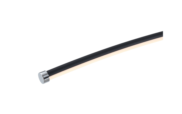 Ronan 80'' black metal LED floor lamp with sleek curved design and chrome end cap, perfect for contemporary home lighting.