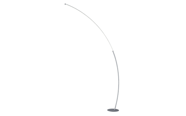 Contemporary Ronan 80'' silver metal LED floor lamp with sculptural curved design and round base, ideal for modern home lighting.