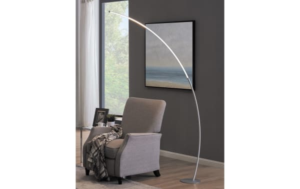 Ronan 80'' Silver LED Floor Lamp with curved metal frame and sleek modern design, perfect for contemporary home décor lighting.