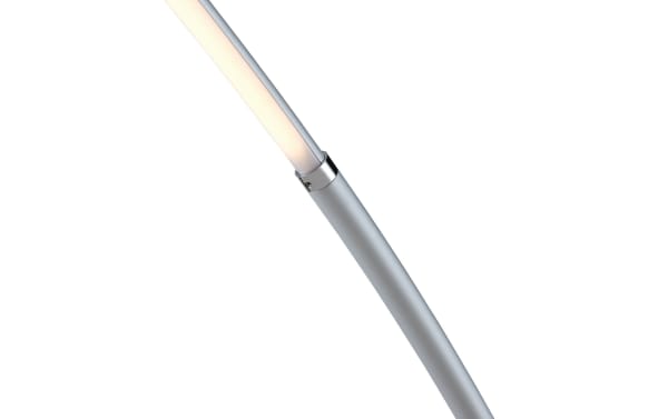 Contemporary Ronan 80'' silver metal LED floor lamp with sleek curved design, sculptural form, and integrated warm light for modern home décor.