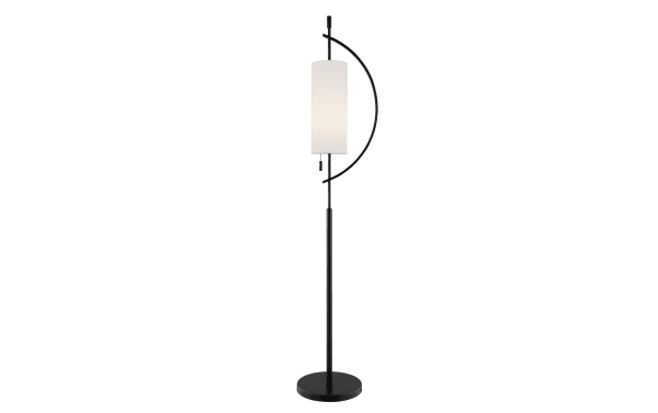 Gabriel 63.5'' black metal floor lamp with contemporary curved base design and sleek cylindrical white shade for modern lighting.