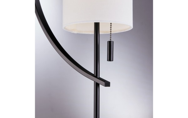 Gabriel 63.5'' black metal floor lamp with contemporary curved base and minimalist white fabric shade, featuring pull chain switch.
