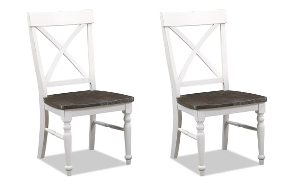 Set of 2 Lloyd White & Brown Cross Back Dining Chairs with concave X-back, conformed saddle seat, pine solids, cottage style, dark mocha and antique white finish.