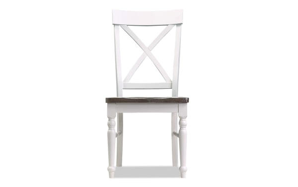 Lloyd White & Brown Cross Back Dining Chair with concave X-back and saddle seat, pine solids, cottage style, dark mocha seat, antique white frame.