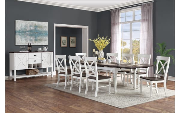 Lloyd White & Brown Cross Back Dining Chairs set of 2 in cottage style, pine solids with dark mocha seats and antique white concave X-back frames.