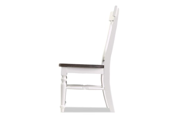 Lloyd White & Brown Cross Back Dining Chair with concave X-back, saddle seat, pine solids, cottage style, dark mocha seat, antique white frame.
