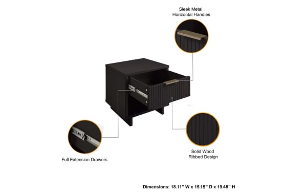 Ascias Black Nightstand with Drawer in solid black wood, vertical ribbed design, sleek metal horizontal handles, full extension drawer, and open bottom shelf. Contemporary style with UV paint finish and side mop base legs. Dimensions: 18.11” W x 15.15” D x 19.48” H.