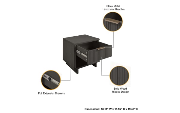Ascias Charcoal nightstand with drawer, solid wood ribbed front, sleek horizontal metal handles, full extension drawer, open bottom shelf, contemporary style.