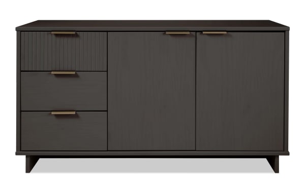 Contemporary Ascias Charcoal 3 Drawer Server in solid wood with charcoal finish, three soft-close drawers, two-door cabinet, horizontal metal handles, and UV paint.
