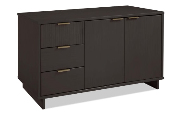 Contemporary Ascias Charcoal 3 Drawer Server in solid wood with charcoal finish, three soft-close drawers, two-door cabinet, metal handles, UV paint.