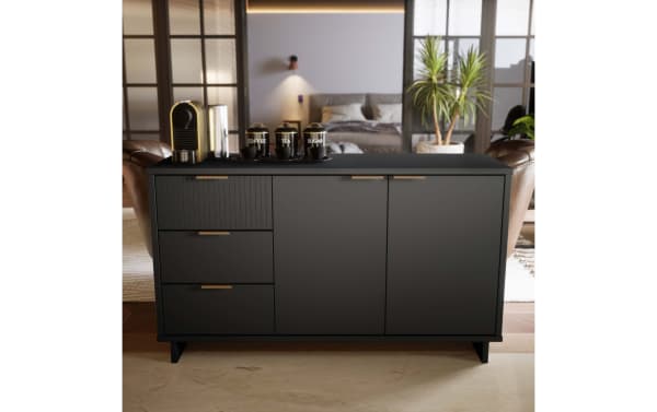 Contemporary Ascias Charcoal 3 Drawer Server in solid wood with charcoal UV paint finish, metal handles, soft-close drawers, and two-door cabinet.