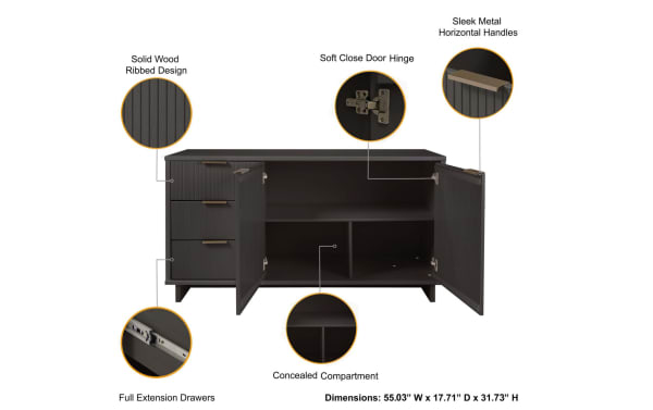 Ascias Charcoal 3 Drawer Server in solid wood with charcoal ribbed design, soft close hinges, full extension drawers, sleek metal handles, and concealed compartments. Contemporary style storage cabinet with three drawers and two-door cabinet, UV paint finish, and side mop base legs. Dimensions: 55.03” W x 17.71” D x 31.73” H.