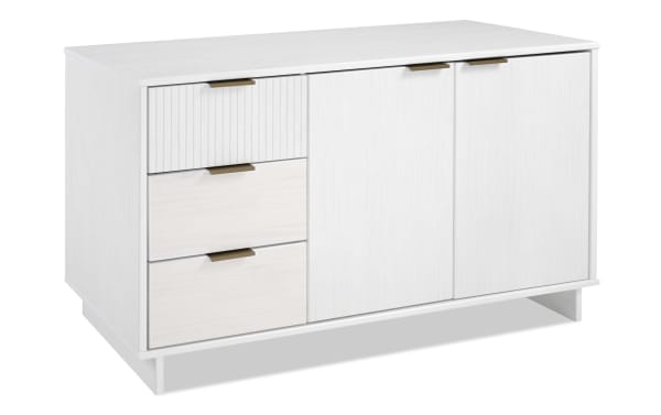 Ascias White 3 Drawer Server in contemporary style, solid wood with UV paint finish, featuring three soft-close drawers, two-door cabinet, sleek metal handles, and side mop base legs.