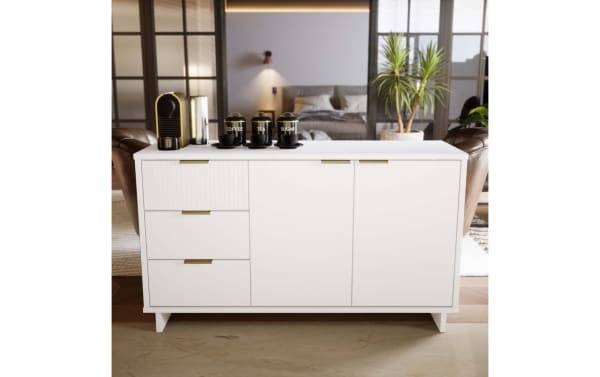 Contemporary Ascias White 3 Drawer Server in solid wood with UV paint finish, sleek horizontal metal handles, soft-close drawers, and two-door cabinet.