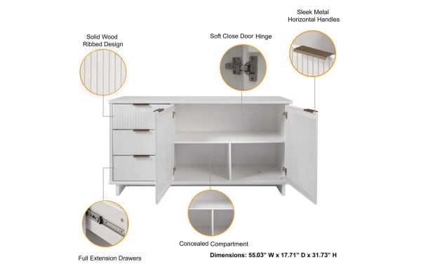 Ascias White 3 Drawer Server in contemporary style with solid wood ribbed design, sleek metal horizontal handles, soft close hinges, full extension drawers, and concealed compartment. Dimensions 55.03” W x 17.71” D x 31.73” H.