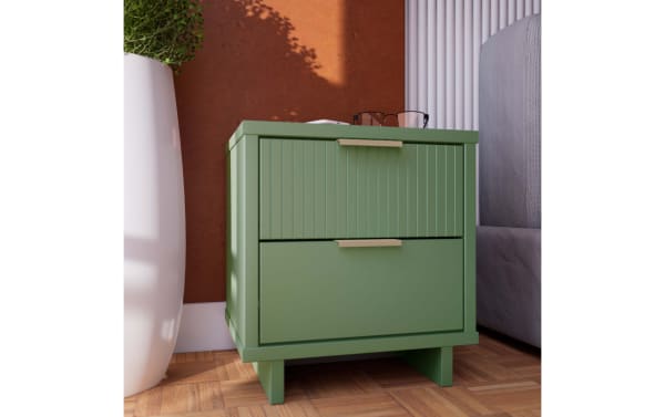 Ascias Green 2 Drawer Nightstand in solid wood with vertical ribbed front, soft-close full extension drawers, sleek metal handles, and UV paint finish.