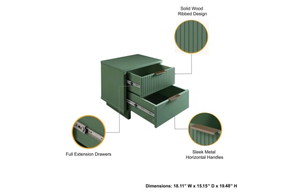 Ascias Green 2 Drawer Nightstand in solid wood with vertical ribbed design, full extension drawers, sleek horizontal metal handles, and contemporary style. Dimensions: 18.11” W x 15.15” D x 19.48” H.