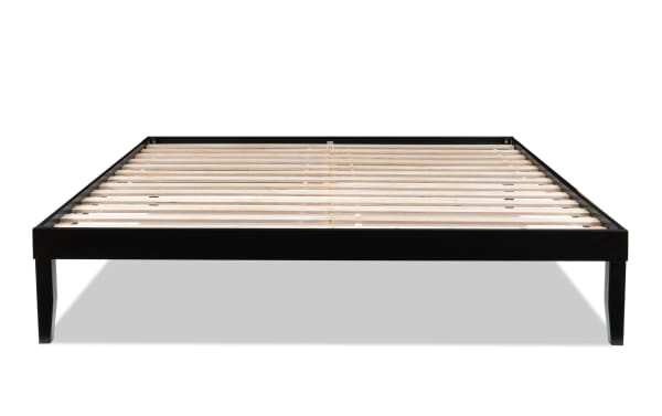 Phoebe King Black Solid Wood Platform Bed with solid pine slats, contemporary style, low-profile frame, and 11.5” underbed storage space.