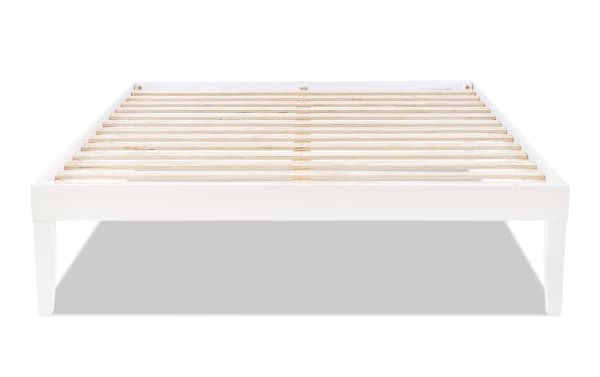 Phoebe Queen White Solid Wood Platform Bed with solid pine slats, contemporary style, 11.5" underbed storage, no box spring needed.