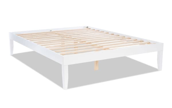 Phoebe Queen White solid pine wood platform bed with plywood slats, contemporary style, 11.5" underbed storage, no box spring needed.