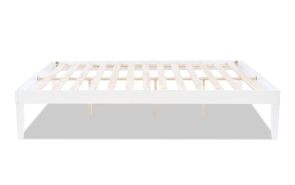 Phoebe Queen White Solid Wood Platform Bed with solid pine slats, contemporary style, 11.5” underbed storage, no box spring needed.