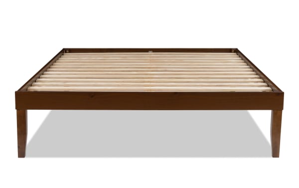 Phoebe Queen Walnut solid pine wood platform bed with contemporary style, walnut finish, slatted base, and 11.5” underbed storage.
