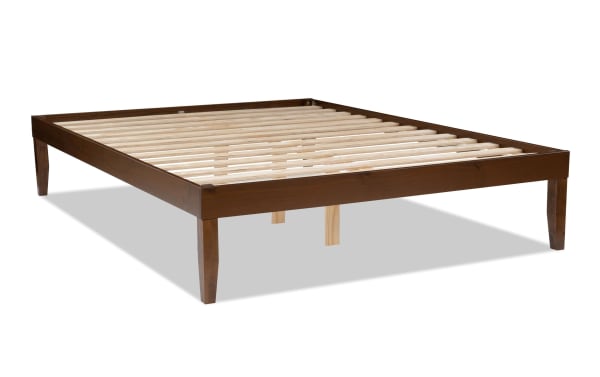 Phoebe Queen Walnut platform bed in contemporary style, solid pine and plywood frame with walnut finish, slatted base, and 11.5” underbed storage.