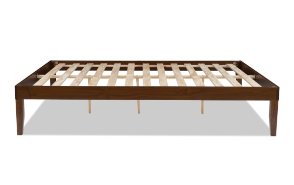 Phoebe Queen Walnut solid wood platform bed with contemporary design, solid pine and plywood frame, walnut finish, and 11.5-inch underbed storage.