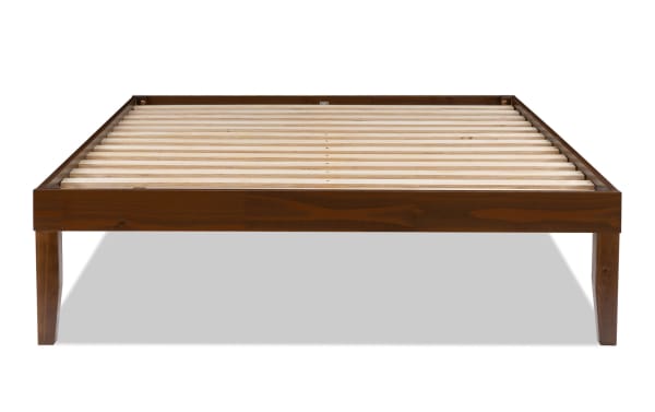 Phoebe Full Walnut solid pine wood platform bed with plywood slats, contemporary style, walnut finish, 11.5" underbed storage, no box spring needed.