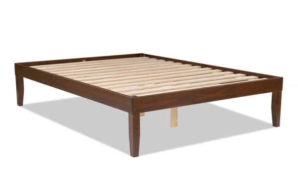 Phoebe Full Walnut platform bed with solid pine and plywood slats, contemporary style, walnut finish, 11.5" underbed storage, no box spring needed.