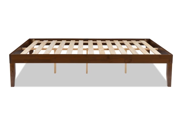Phoebe Full Walnut solid pine wood platform bed with plywood slats, contemporary style, walnut finish, and 11.5" underbed storage space.
