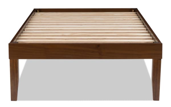 Phoebe Twin Walnut solid pine and plywood platform bed with contemporary style, walnut finish, slatted frame, and 11.5" underbed storage.