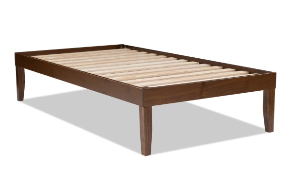 Phoebe Twin Walnut solid pine wood platform bed with plywood slats, contemporary style, walnut finish, 11.5" underbed storage, no box spring needed.