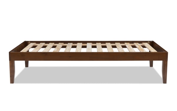 Phoebe Twin Walnut solid pine wood platform bed with plywood slats, contemporary style, walnut finish, and 11.5" underbed storage space.