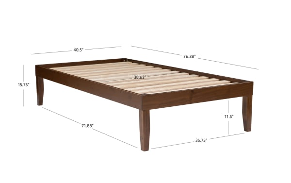 Phoebe Twin Walnut Solid Wood Platform Bed with 15.75" height, 11.5" underbed storage, solid pine and plywood slats, contemporary walnut finish.