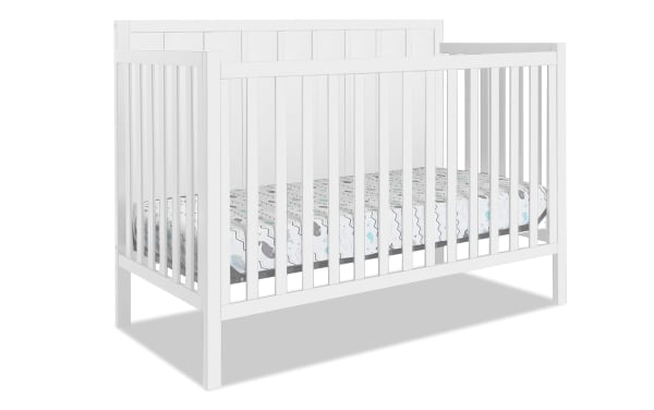 Ollie White 4-in-1 Convertible Crib in transitional farmhouse style, made of white pine solids and laminated veneer lumber with modern slat design.