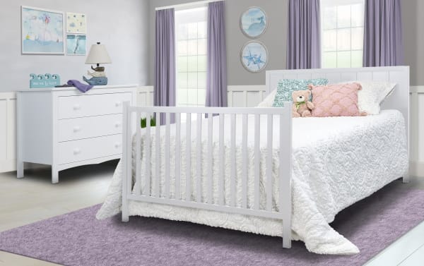 Ollie White Full Size Bed Conversion Rails in transitional style, made of white pine solids and laminated veneer lumber, converting 4-in-1 crib to full bed.