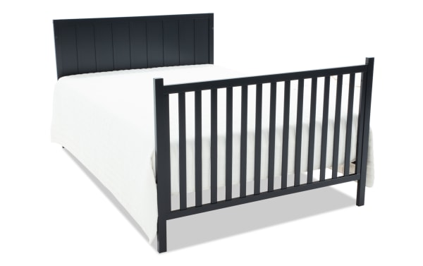 Ollie Navy full-size bed conversion rails in transitional style, made of navy pine solids and laminated veneer lumber, for converting Ollie 4-in-1 crib to full bed.