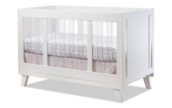 Contemporary Olive White Crib with clear acrylic slats and solid white pine wood panels, adjustable mattress heights for nursery safety and style.