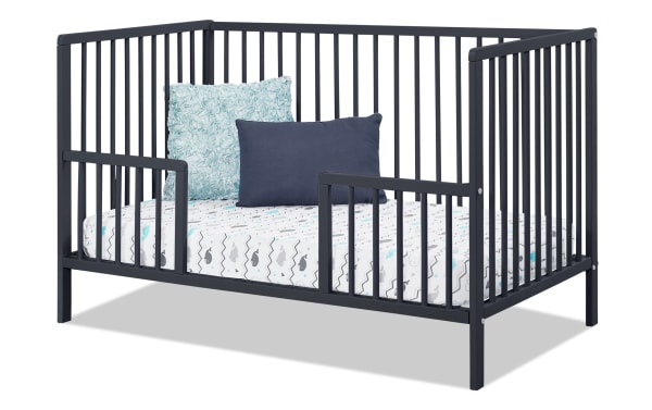 Primrose Navy 3-in-1 Convertible Crib in navy blue, made of 100% beech wood with plywood, featuring wooden slat mattress support and toddler bed conversion rail.