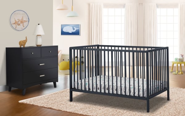 Primrose Navy 3-in-1 Convertible Crib in navy blue, solid 100% beech wood with wooden slat mattress support, contemporary style from Primrose Avery collection, sturdy nursery furniture that converts to toddler bed.